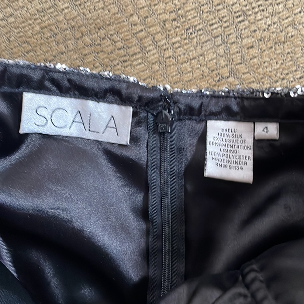 Scala SILK chiffon layered ruffled Black dress with silver beading Short S, 4 - Picture 8 of 10